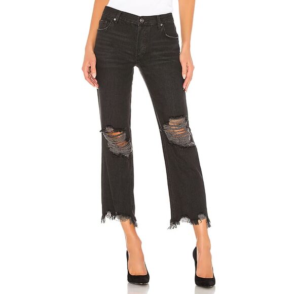 FREE PEOPLE Womens Jeans Size 26 Black Wash Straight Leg Crop Ripped MAGGIE - Picture 1 of 11